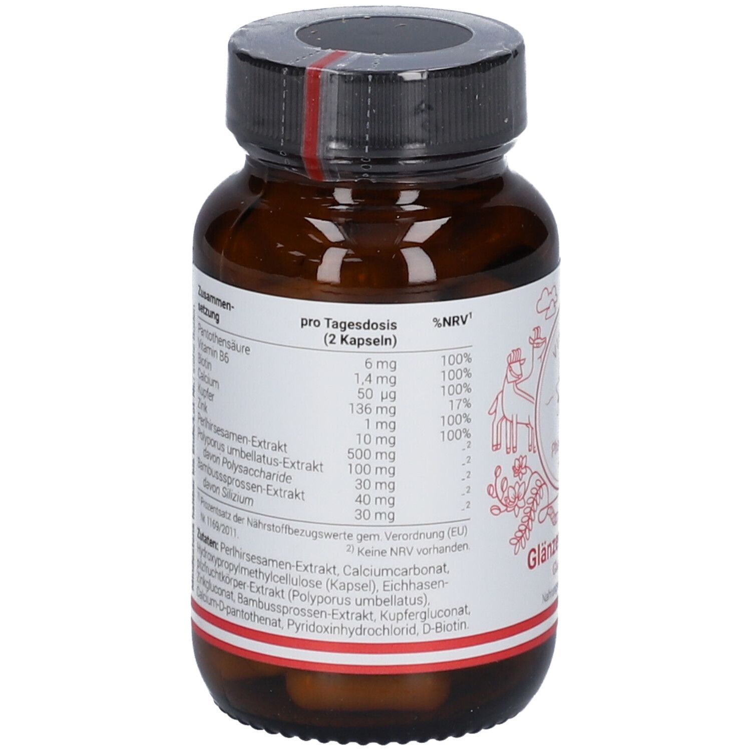 Rückseite der Kapsel-Dose. Zutatenliste und Nährwertangaben. Aufschrift: VIENNA'S Pharmacists Glänzendes Haar.