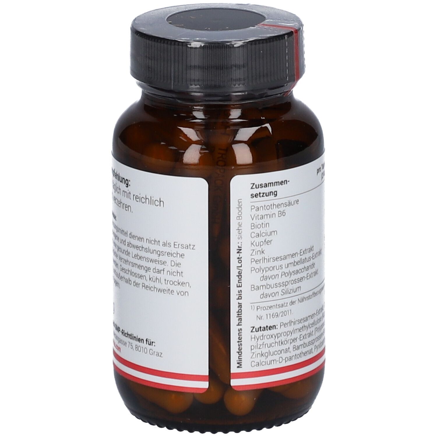 Rückseite der Kapsel-Dose. Zutatenliste und Nährwertangaben. Aufschrift: VIENNA'S Pharmacists Glänzendes Haar.