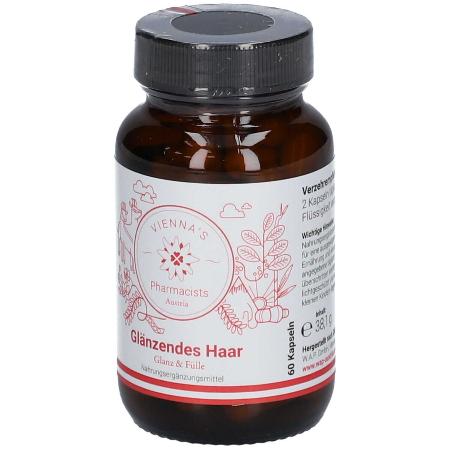 Kapsel-Dose mit schwarzem Deckel. Aufschrift: VIENNA'S Pharmacists Glänzendes Haar. 60 Kapseln.