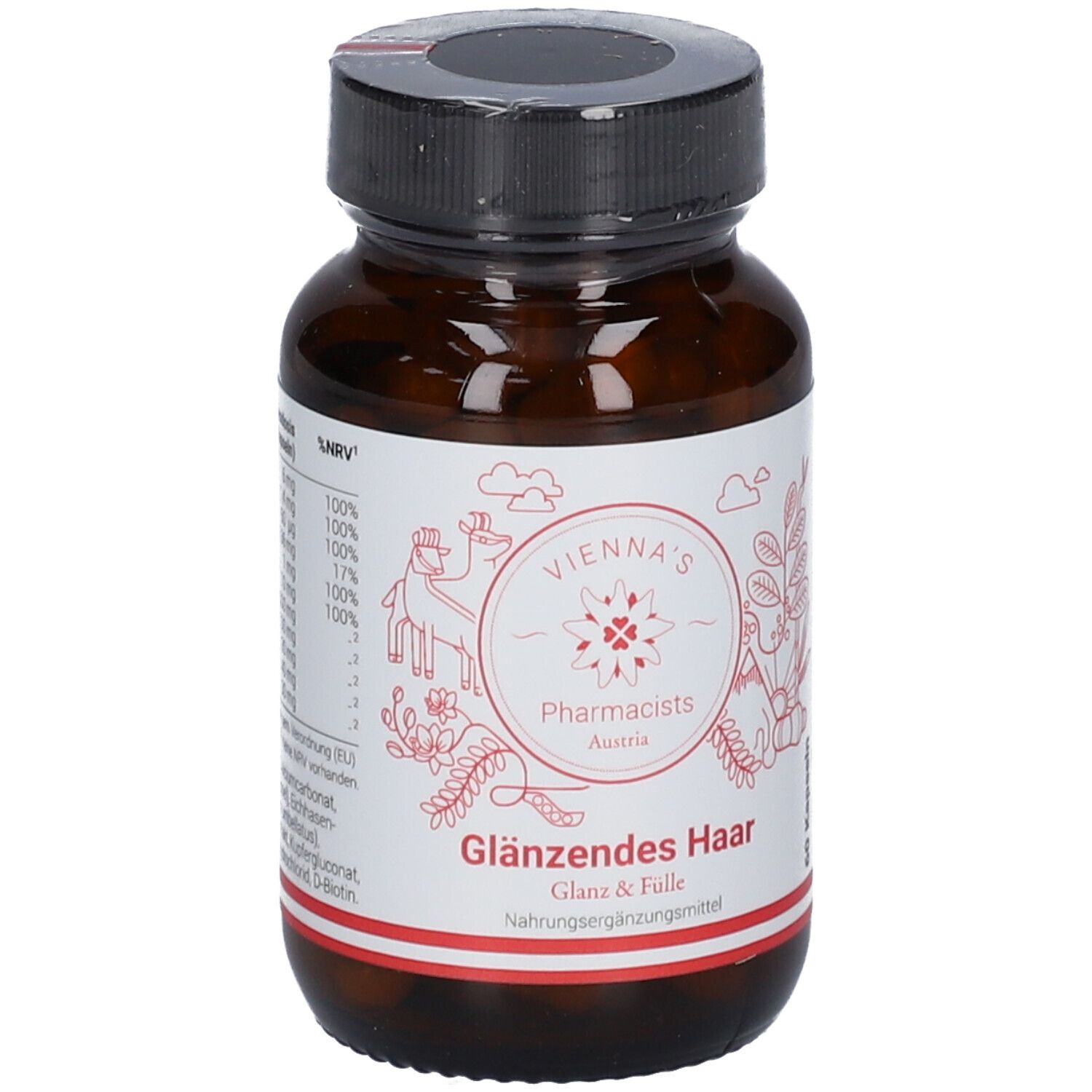 Kapsel-Dose mit schwarzem Deckel. Aufschrift: VIENNA'S Pharmacists Glänzendes Haar. 60 Kapseln.