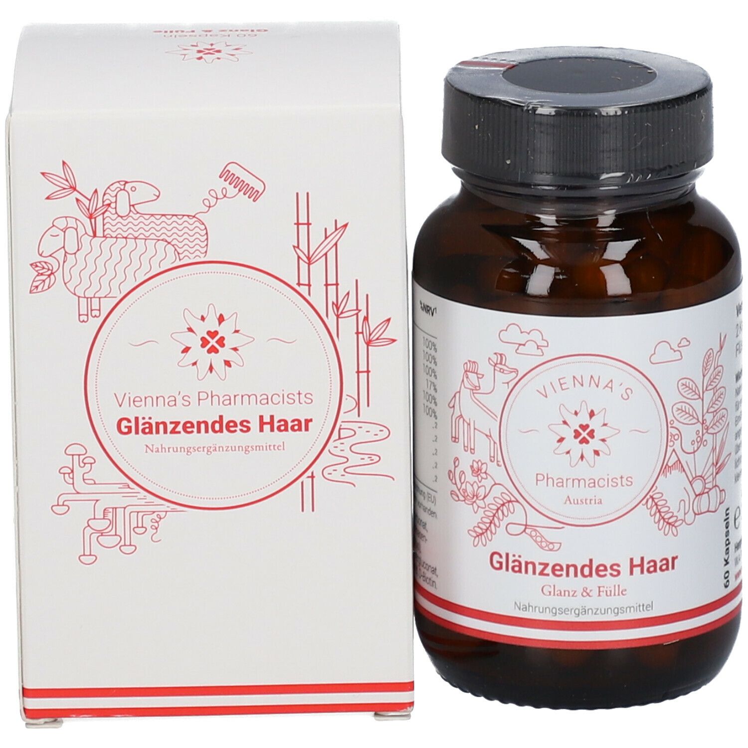 Produkt und Verpackung. Kapsel-Dose und Karton. Aufschrift: VIENNA'S Pharmacists Glänzendes Haar.