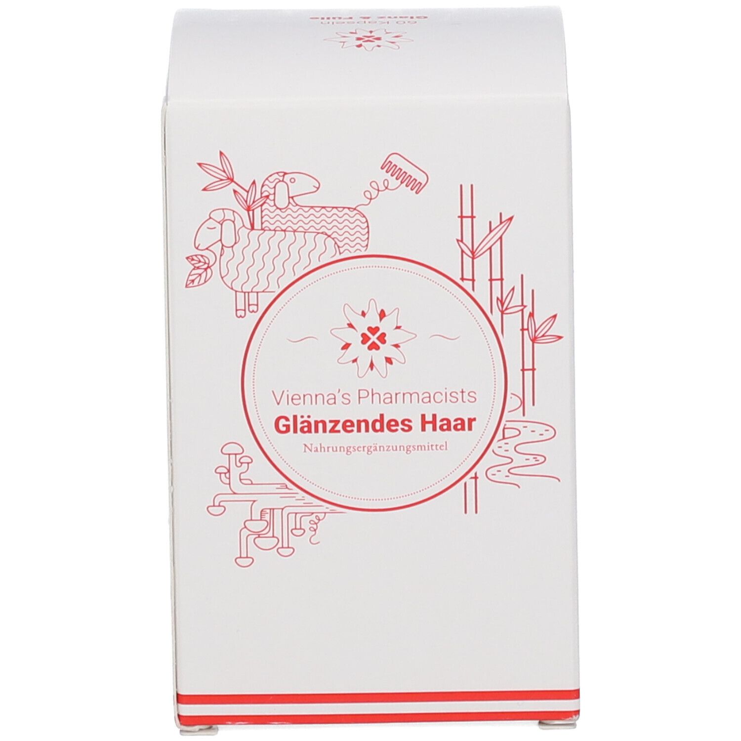 Weiße Produktverpackung. Aufschrift: VIENNA'S Pharmacists Glänzendes Haar. Illustrationen.