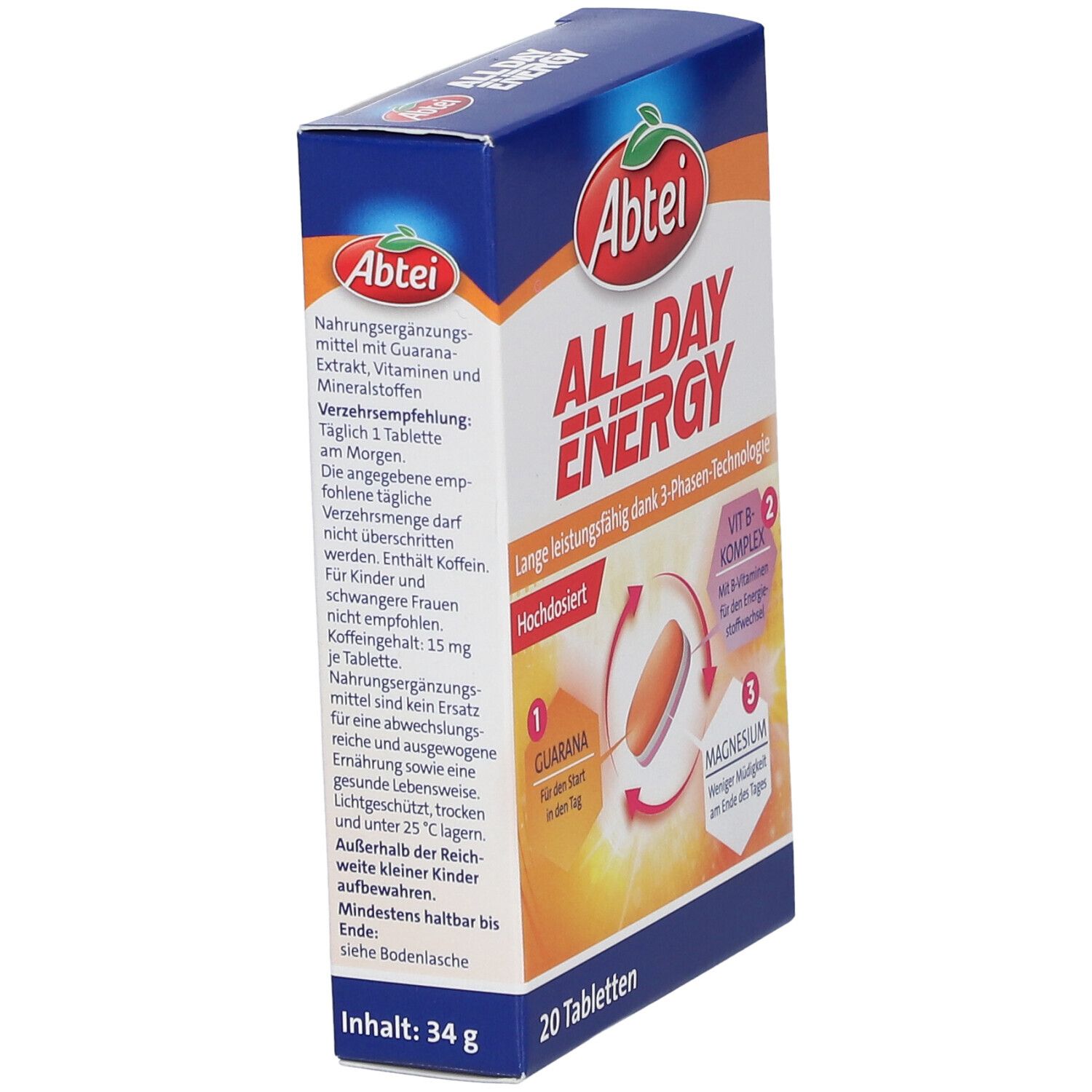 Abtei All Day Energy-Packung. Blaue und weiße Schachtel mit Produktnamen und Logo. Enthält 20 Tabletten.