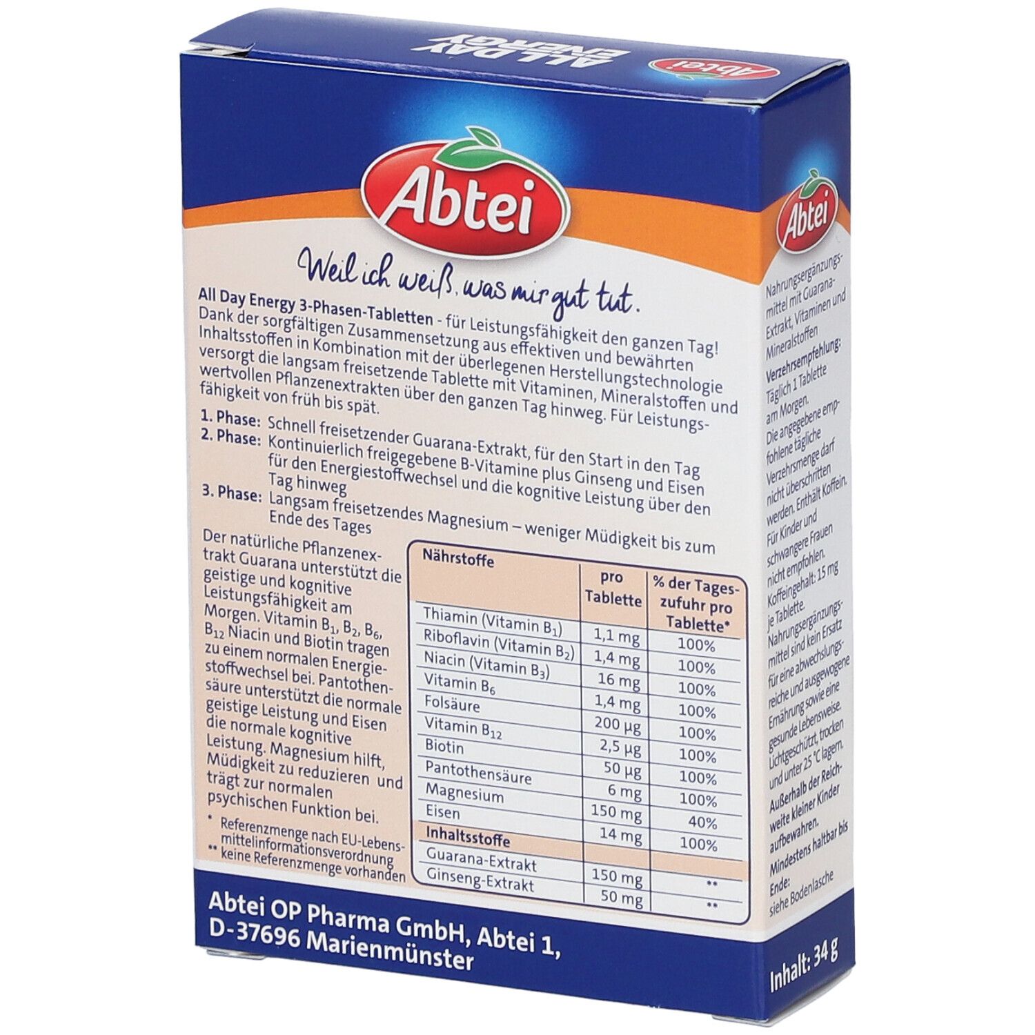 Rückseite der Abtei All Day Energy-Packung. Text mit Nährwertangaben und Inhaltsstoffen. Enthält 20 Tabletten.