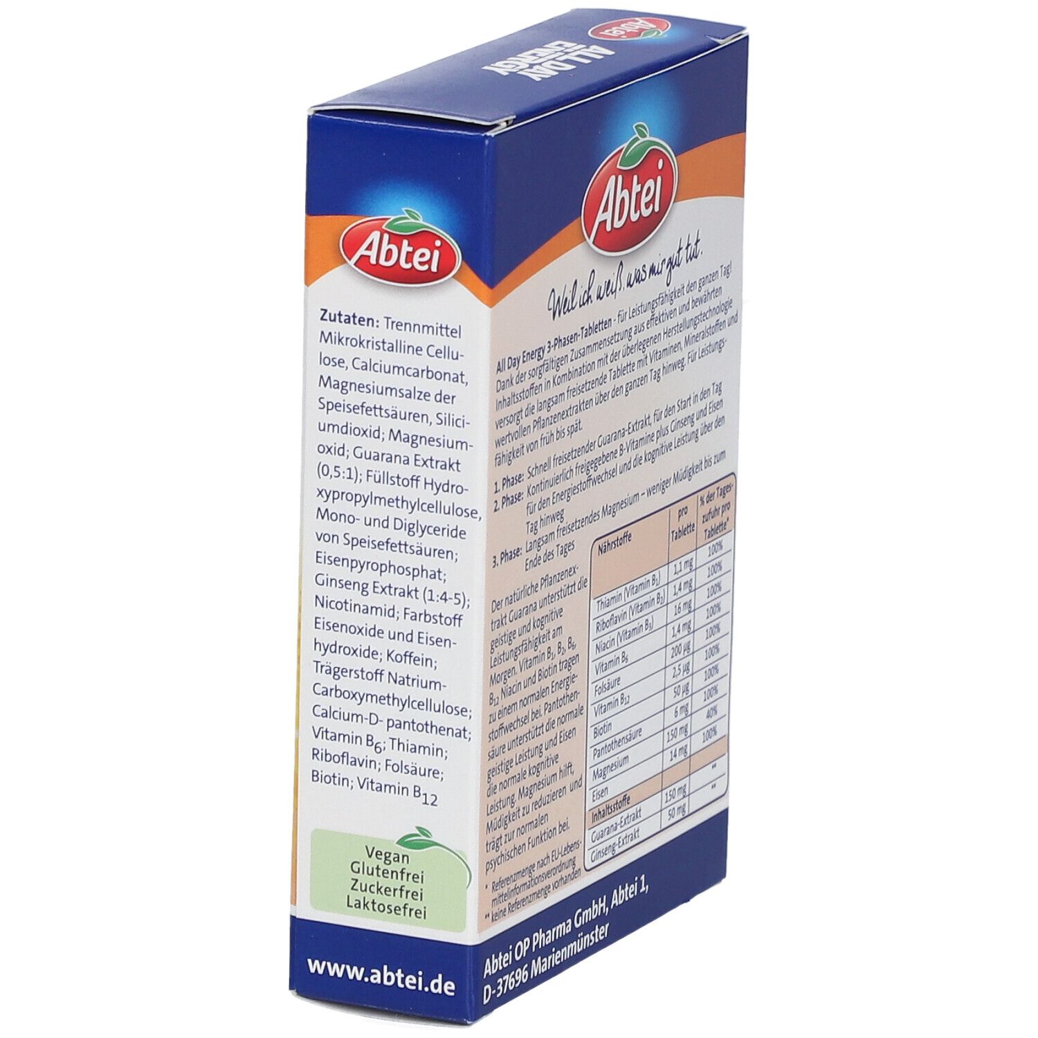 Seite der Abtei All Day Energy-Packung. Text mit Inhaltsstoffen und Zertifizierungen. Enthält 20 Tabletten.