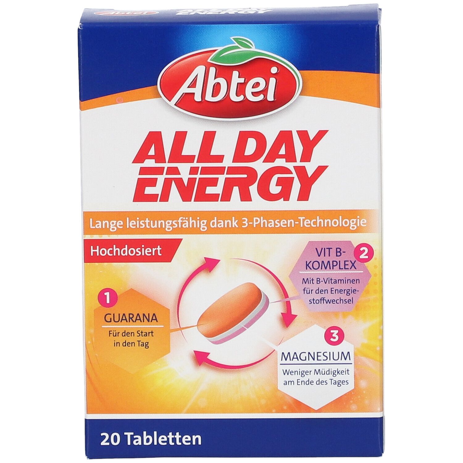 Vorderseite der Abtei All Day Energy-Packung. Produktname und Logo. Enthält 20 Tabletten. Hochdosiert.