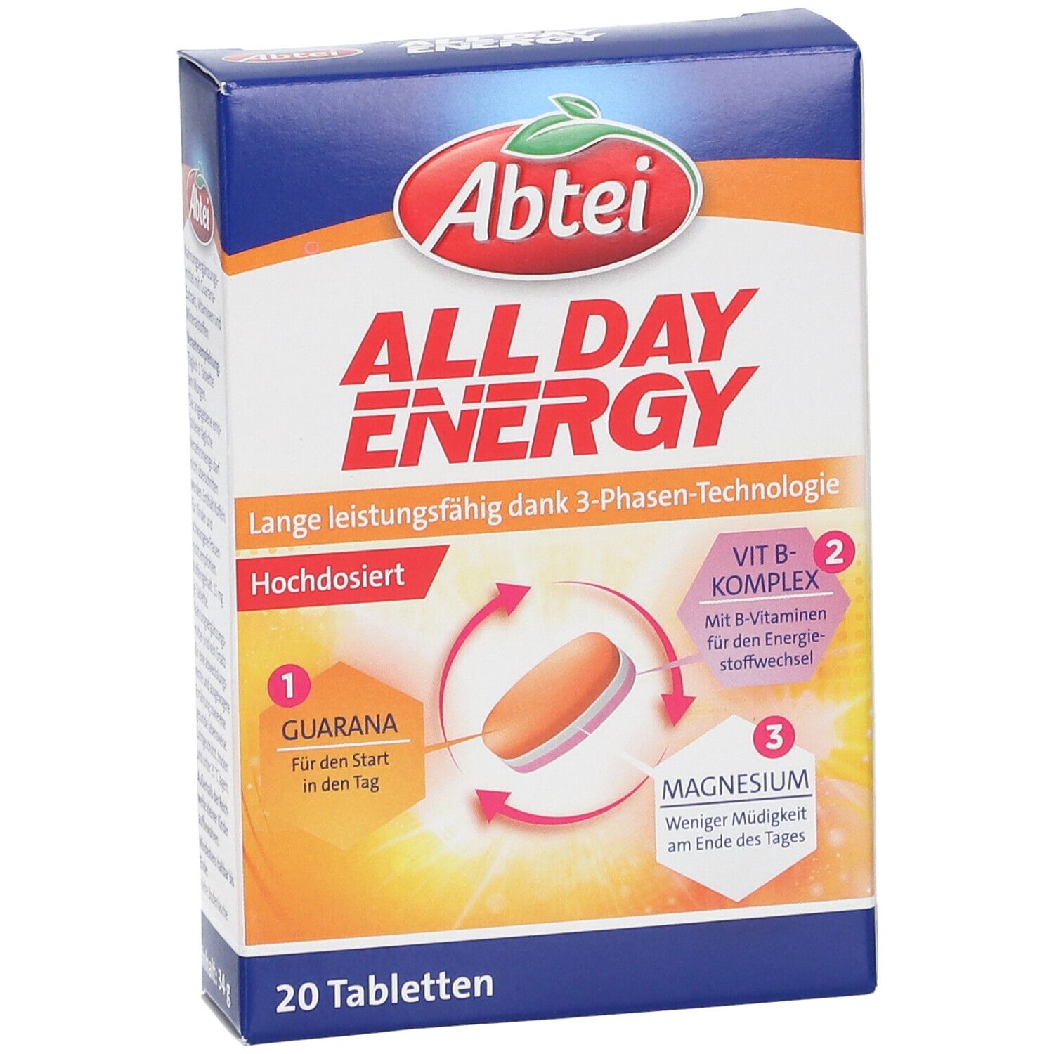 Vorderseite der Abtei All Day Energy-Packung. Produktname und Logo. Enthält 20 Tabletten. Hochdosiert.