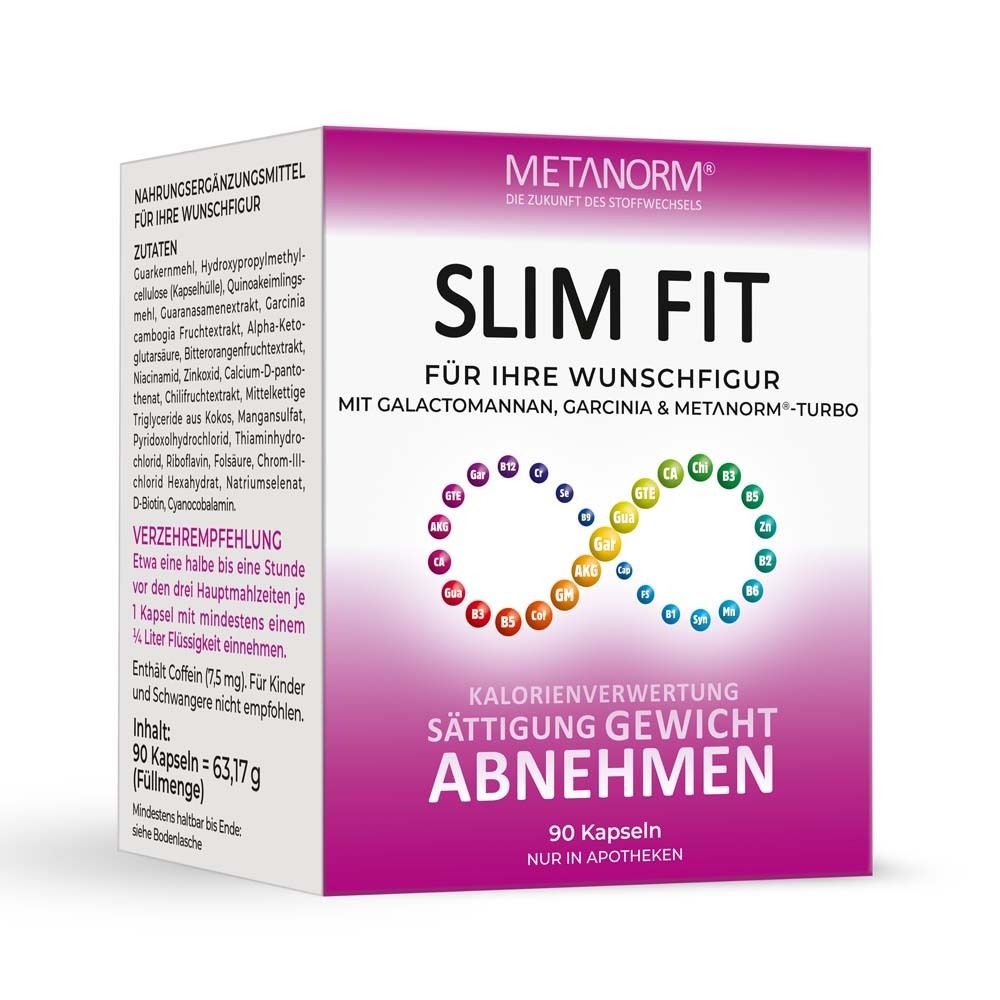 Rosa-weiße Schachtel mit METANORM® SLIM FIT. Text: SLIM FIT, 90 Kapseln, Abnehmen. Zutatenliste und Verzehrempfehlung.