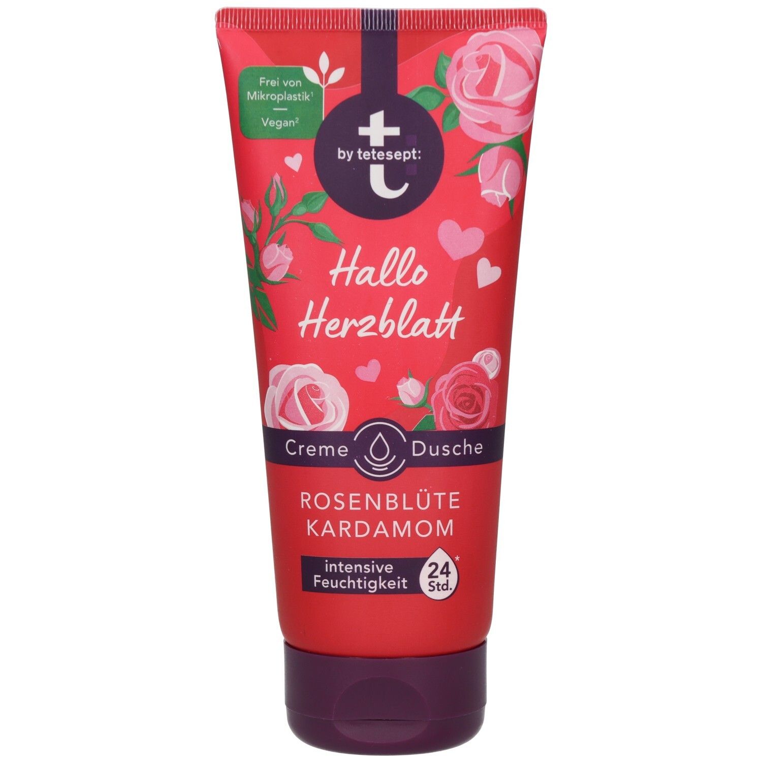 Rote Tube mit Rosenblüten-Design. Text: t: by tetesept, Hallo Herzblatt Creme Dusche Rosenblüte & Kardamom. Vegan-Siegel.