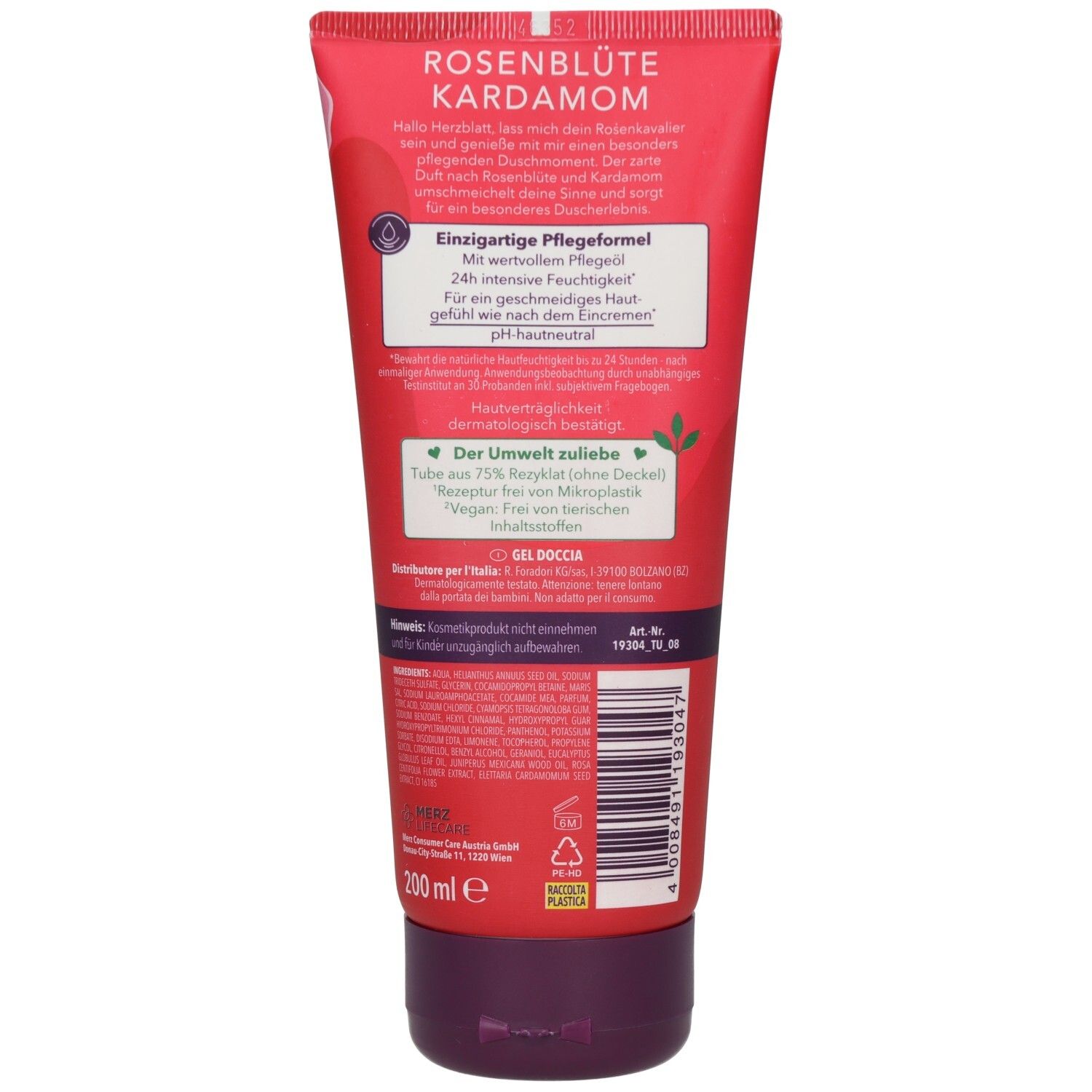 Rückseite der Tube. Text: Rosenblüte Kardamom, einzigartige Pflegeformel, 24h intensive Feuchtigkeit, pH-hautneutral. Vegan-Hinweis.