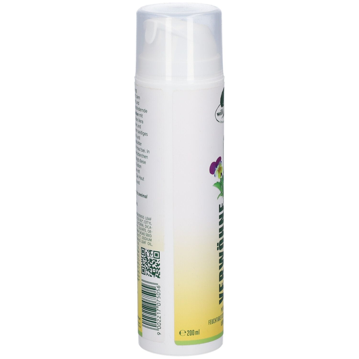 Weiße Flasche mit Pumpverschluss. Aufdruck: Logo, Text, QR-Code und Inhaltsstoffe.