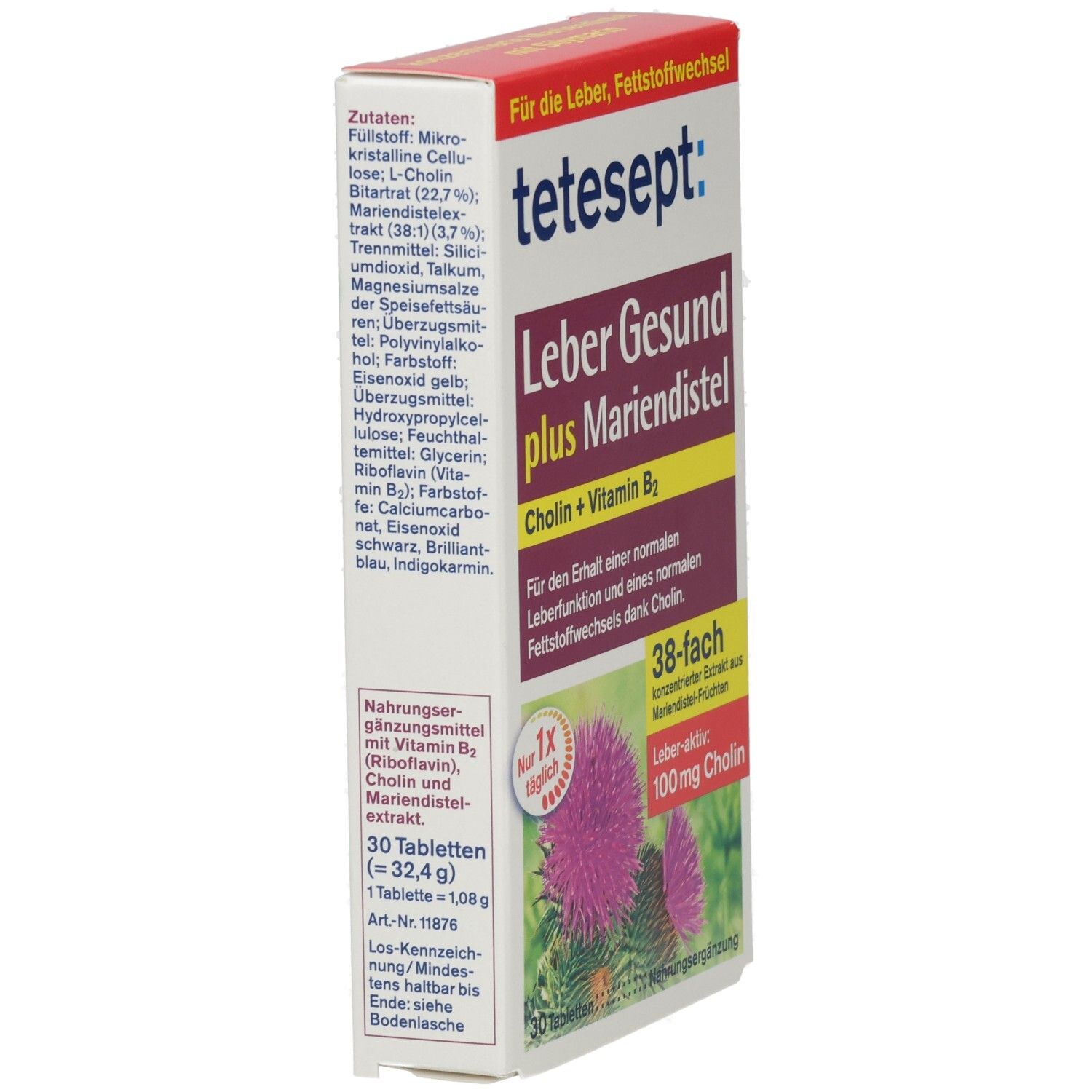 tetesept® Leber Gesund plus Mariendistel. Packung mit 30 Tabletten. Enthält Cholin und Vitamin B2. Inhaltsstoffe und Nährwertangaben.