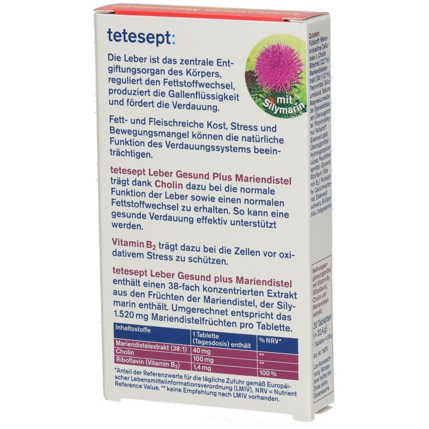 Rückseite der tetesept® Leber Gesund plus Mariendistel Packung. Text über die Funktion der Leber und Inhaltsstoffe. Mariendistel-Abbildung.