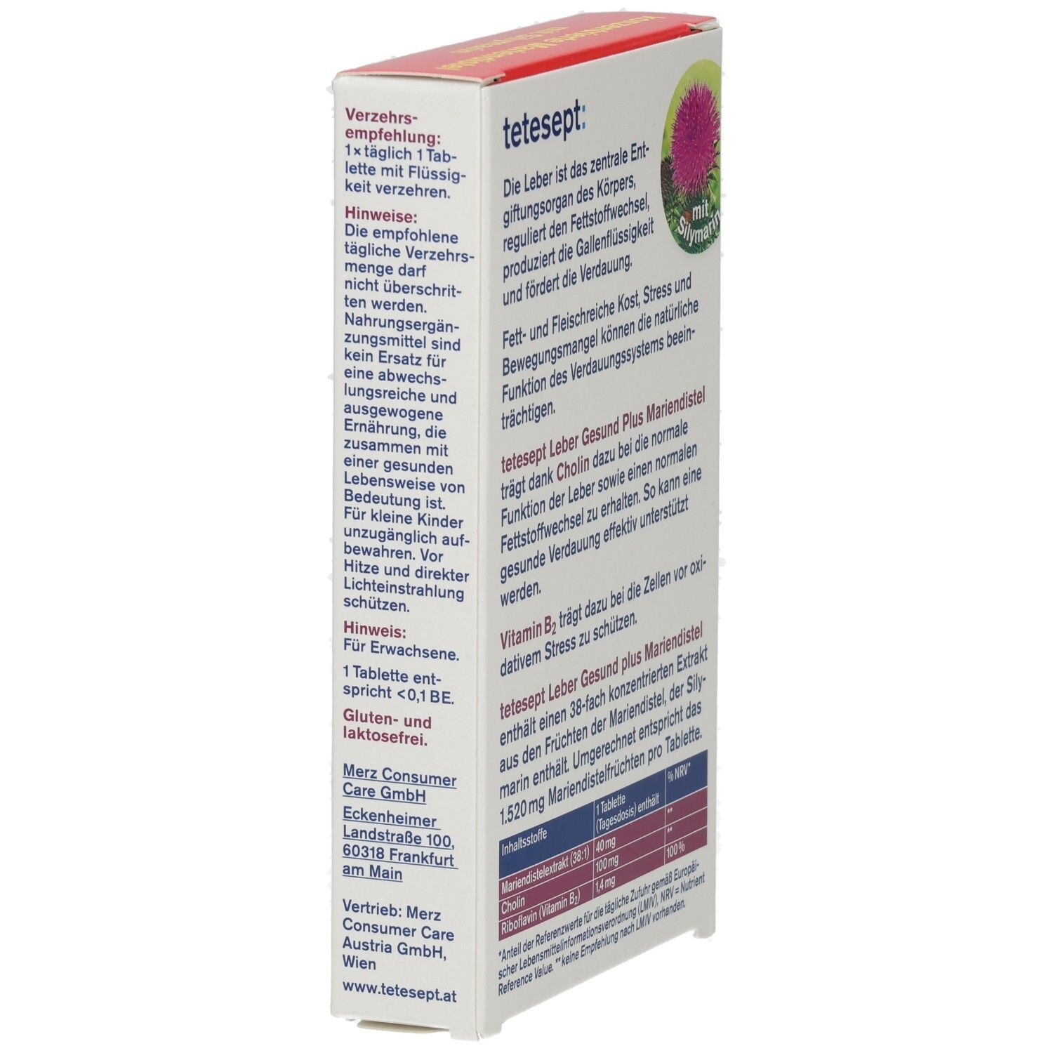 tetesept® Leber Gesund plus Mariendistel Packung, Seitenansicht. Text über die Funktion der Leber und Inhaltsstoffe. Mariendistel-Abbildung.