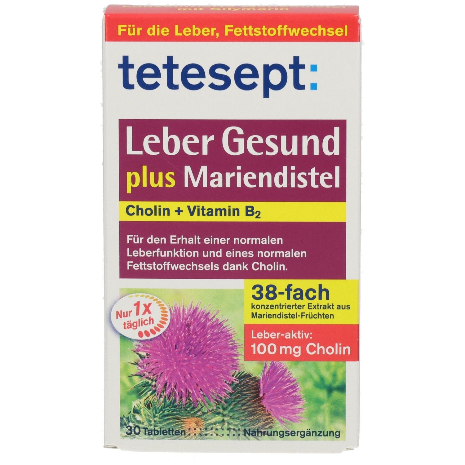 tetesept® Leber Gesund plus Mariendistel. Packung mit 30 Tabletten. Enthält Cholin und Vitamin B2. Abbildung einer Mariendistel.