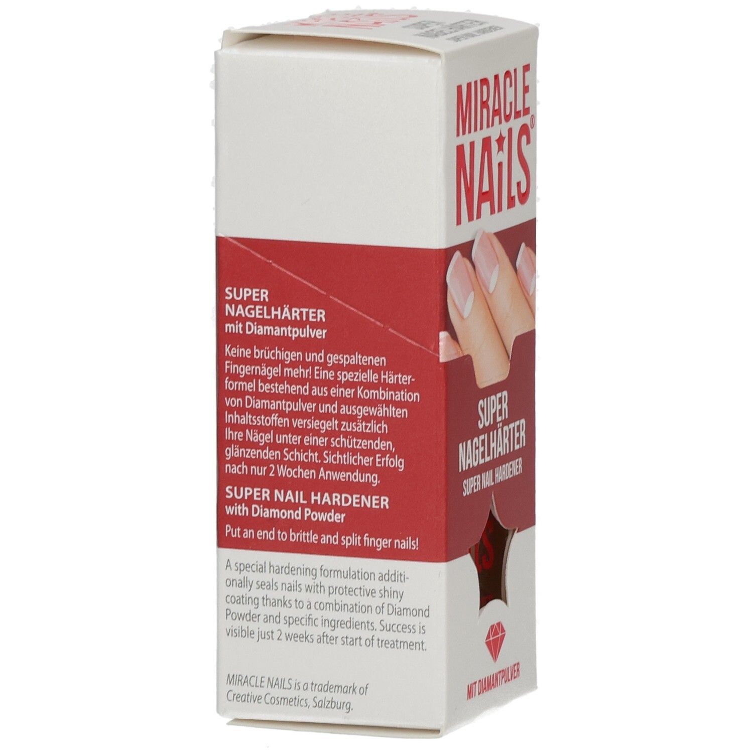 Verpackung Miracle Nails Super Nagelhärter. Rote Textabschnitte auf weißem Karton. Produktbeschreibung.
