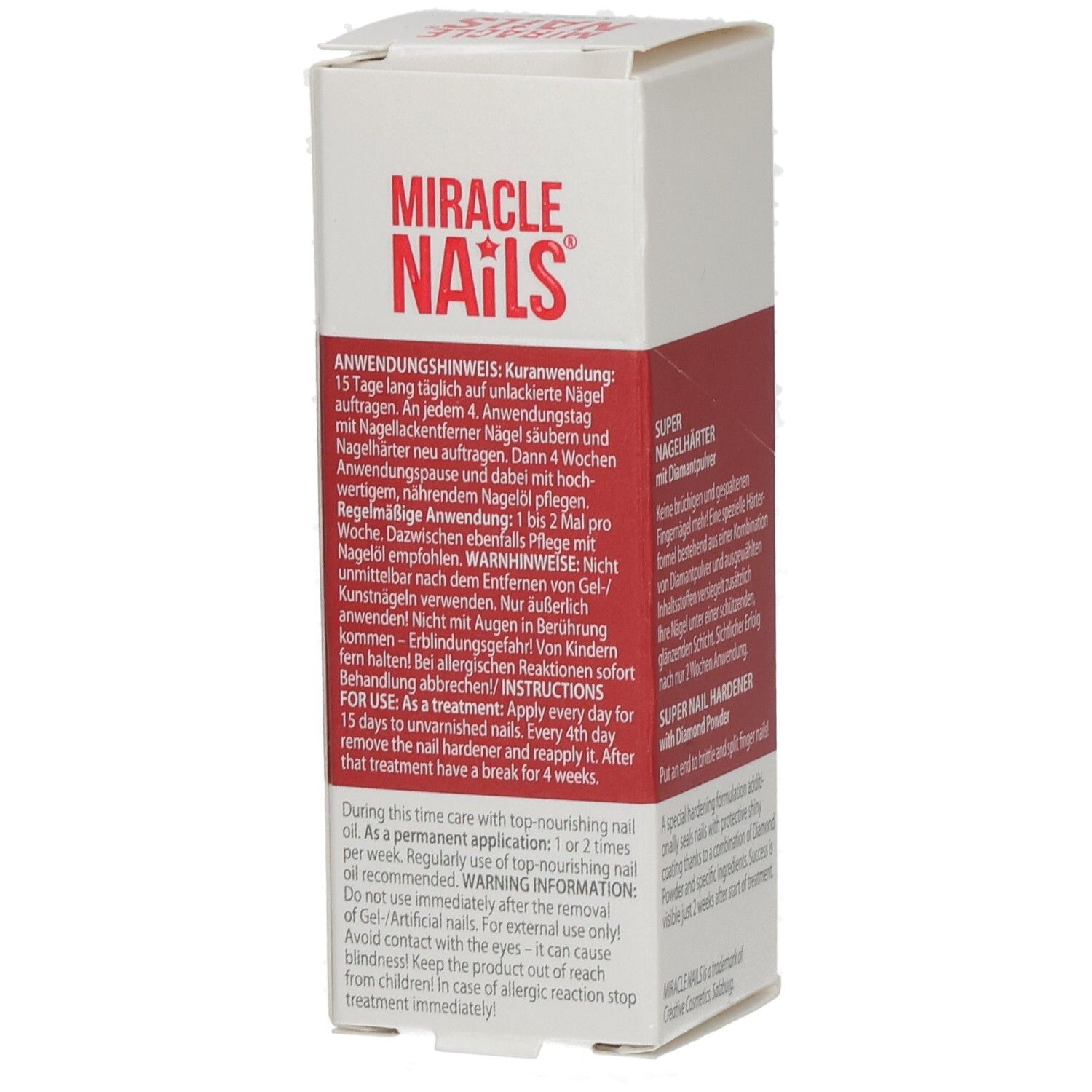 Verpackung Miracle Nails Super Nagelhärter. Textabschnitte mit Anwendungshinweisen und Inhaltsstoffen.