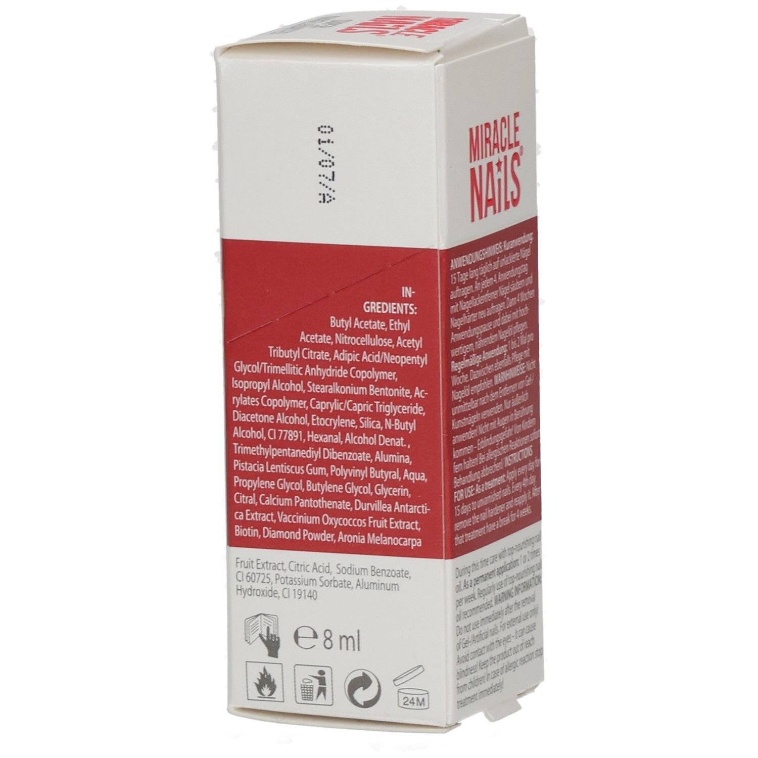 Verpackung Miracle Nails Super Nagelhärter. Auflistung der Inhaltsstoffe und Warnhinweise.