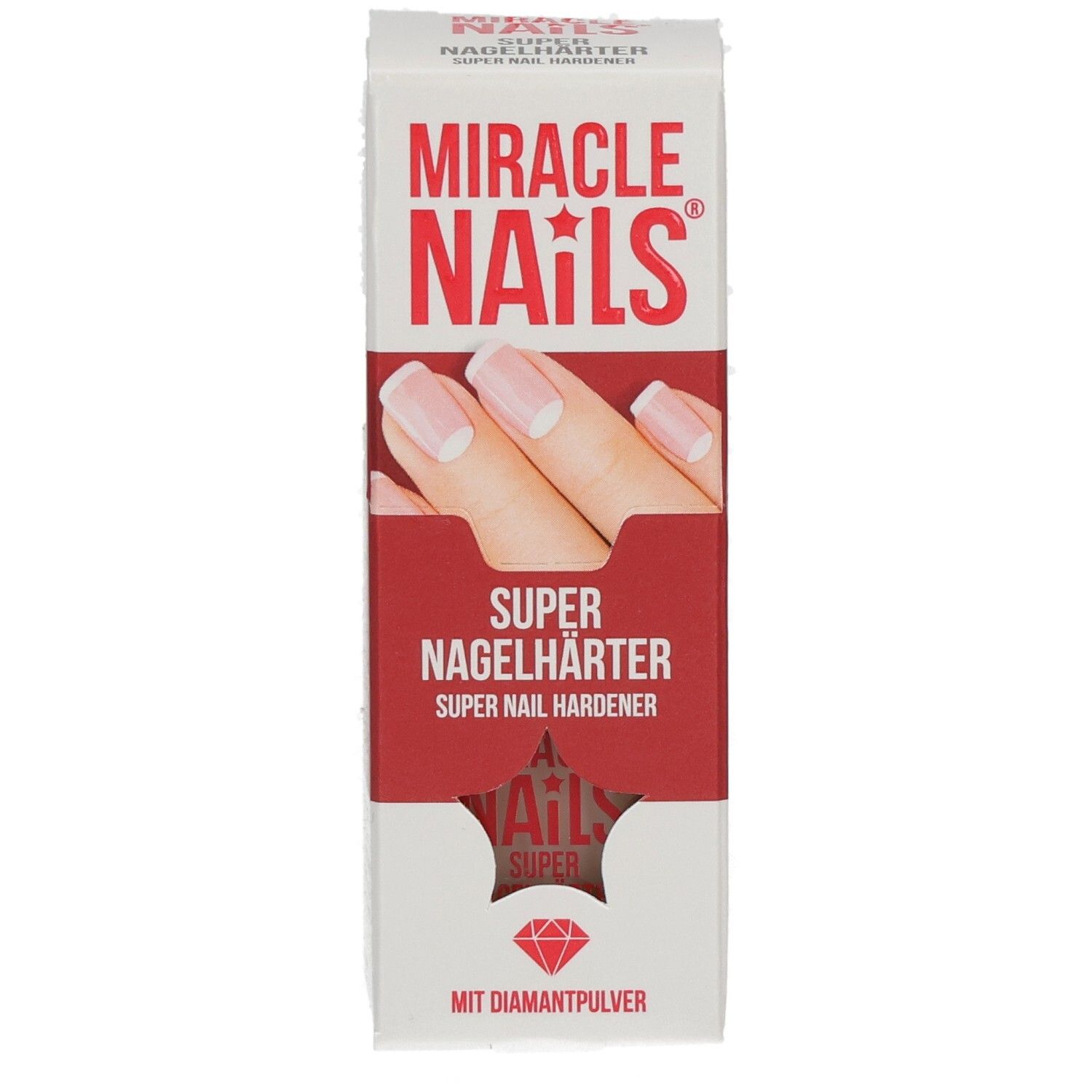 Verpackung Miracle Nails Super Nagelhärter. Vorderansicht mit Produktnamen und Abbildung von Fingernägeln.