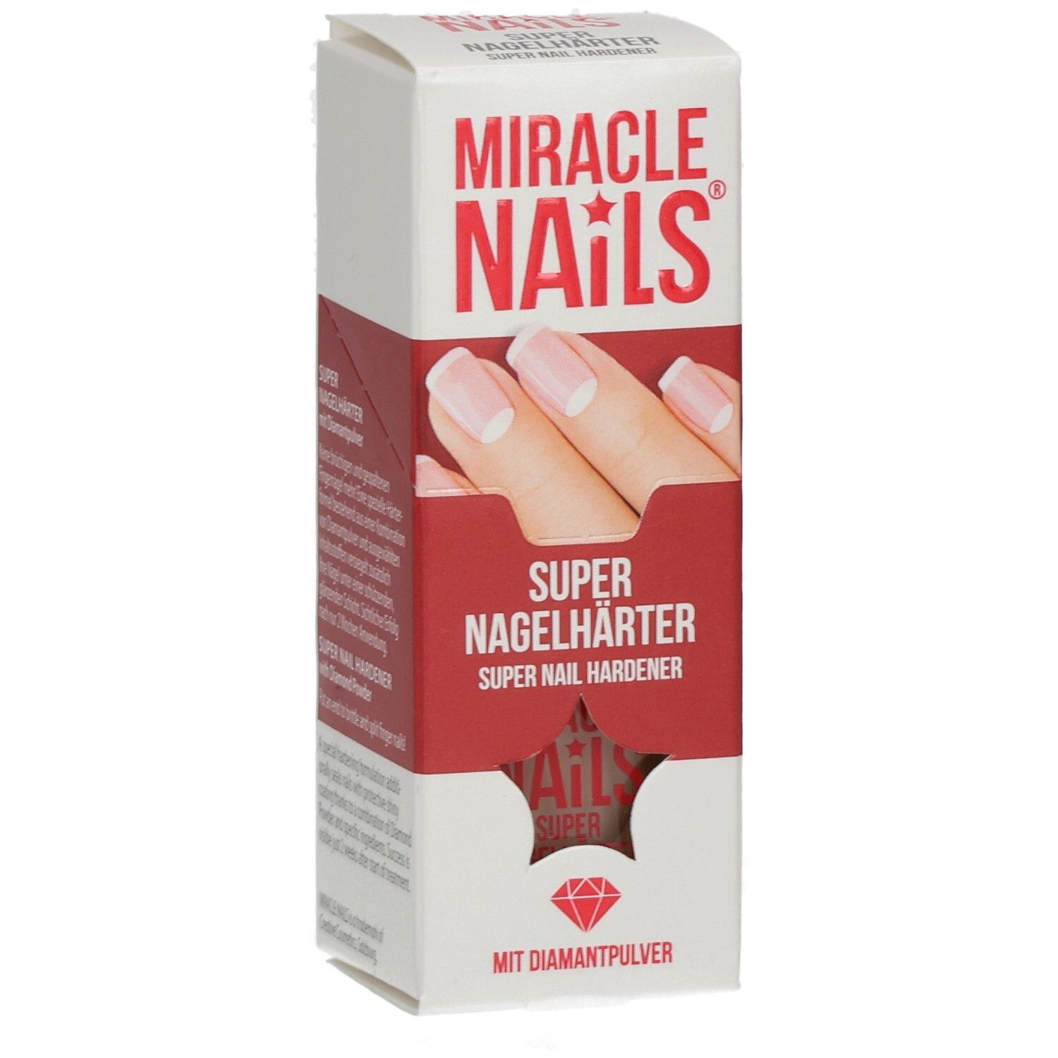 Verpackung Miracle Nails Super Nagelhärter. Vorderansicht mit Produktnamen und Abbildung von Fingernägeln.