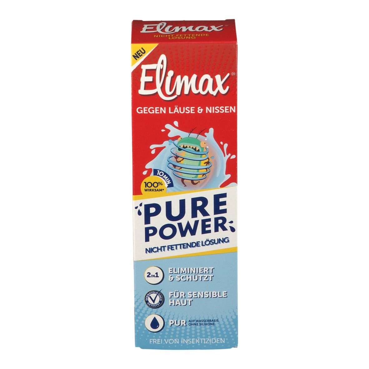 Rote Schachtel mit Aufschrift 'Elimax' und 'PURE POWER'. Abbildung eines Insekts.
