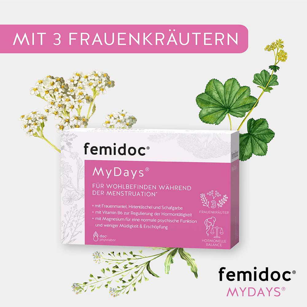 Verpackung von femidoc® MyDays® mit rosa und weißem Design, umgeben von Kräutern.