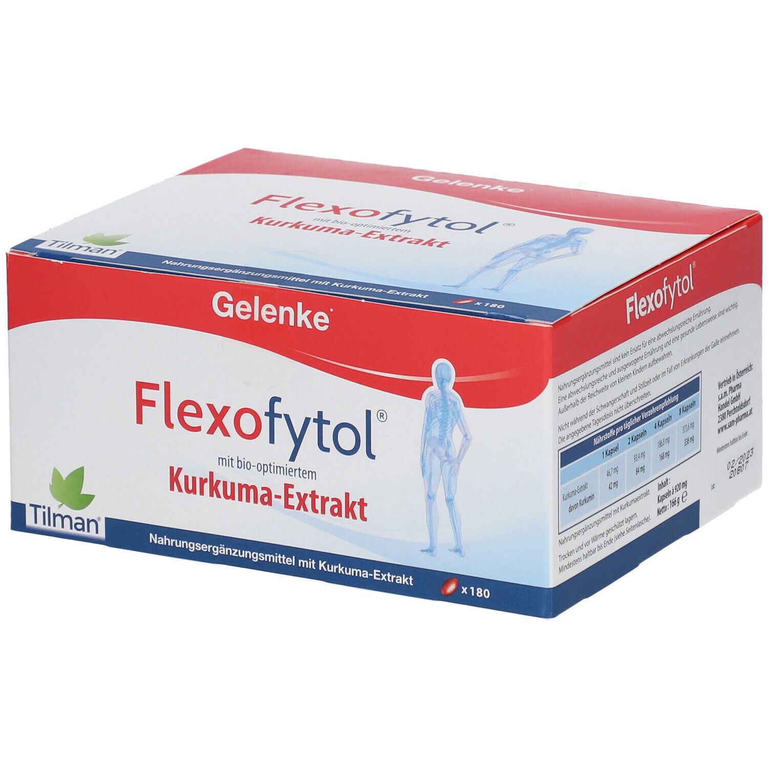 Flexofytol-Verpackung mit roter und weißer Gestaltung. Enthält Kapseln mit Kurkuma-Extrakt. Marke: Flexofytol, Tilman.