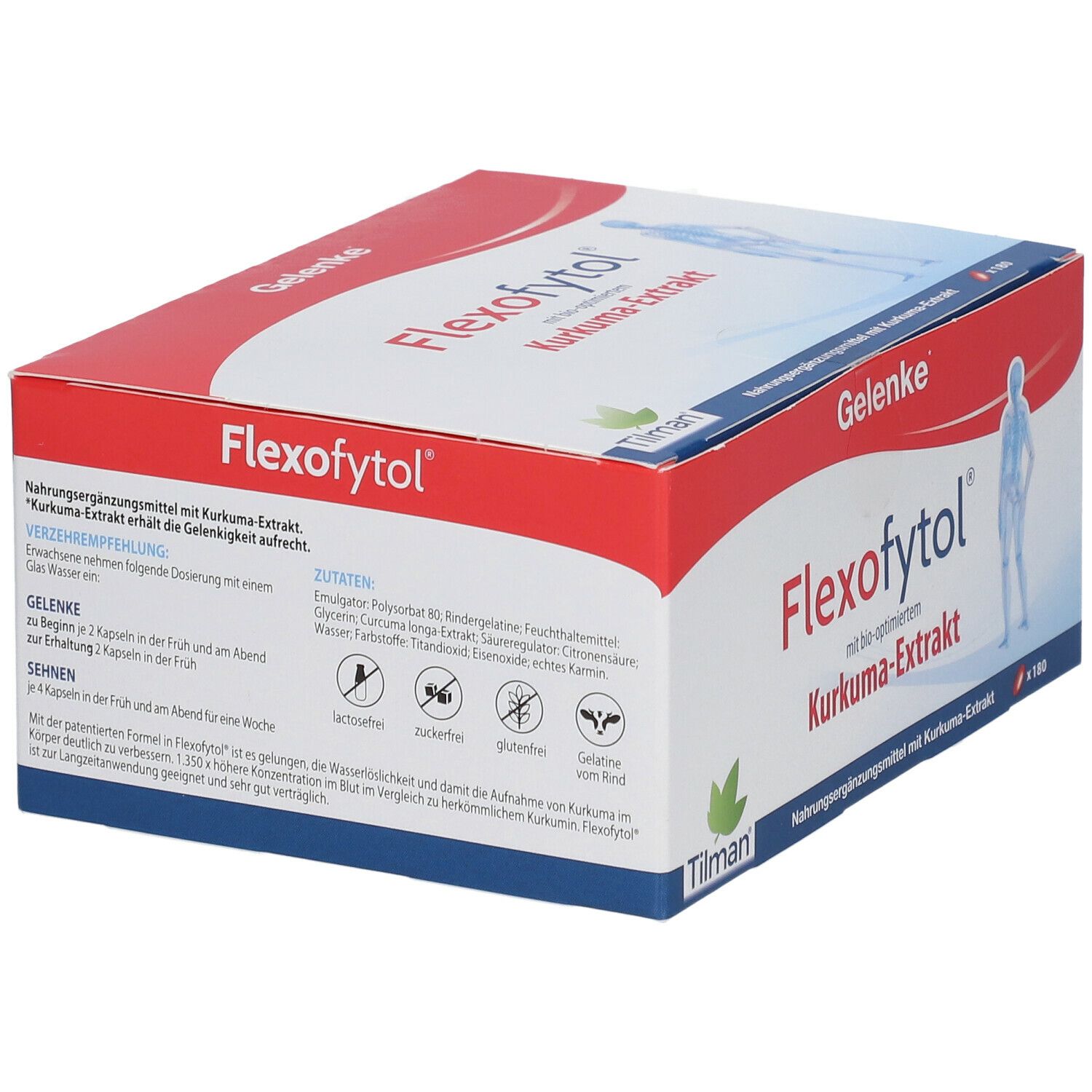 Flexofytol-Verpackung mit roter und weißer Gestaltung. Enthält Kapseln mit Kurkuma-Extrakt. Marke: Flexofytol, Tilman.