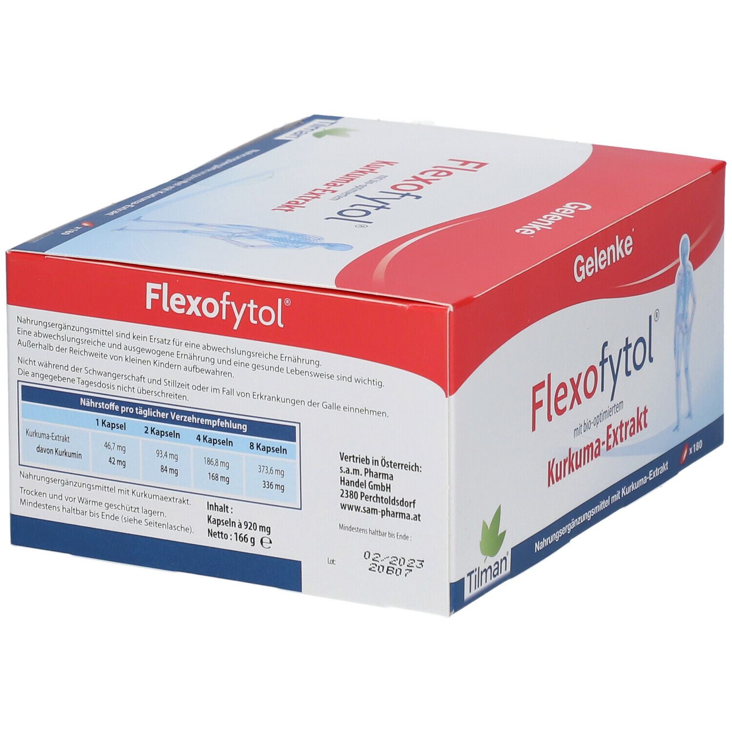 Flexofytol-Verpackung mit roter und weißer Gestaltung. Enthält Kapseln mit Kurkuma-Extrakt. Marke: Flexofytol, Tilman.