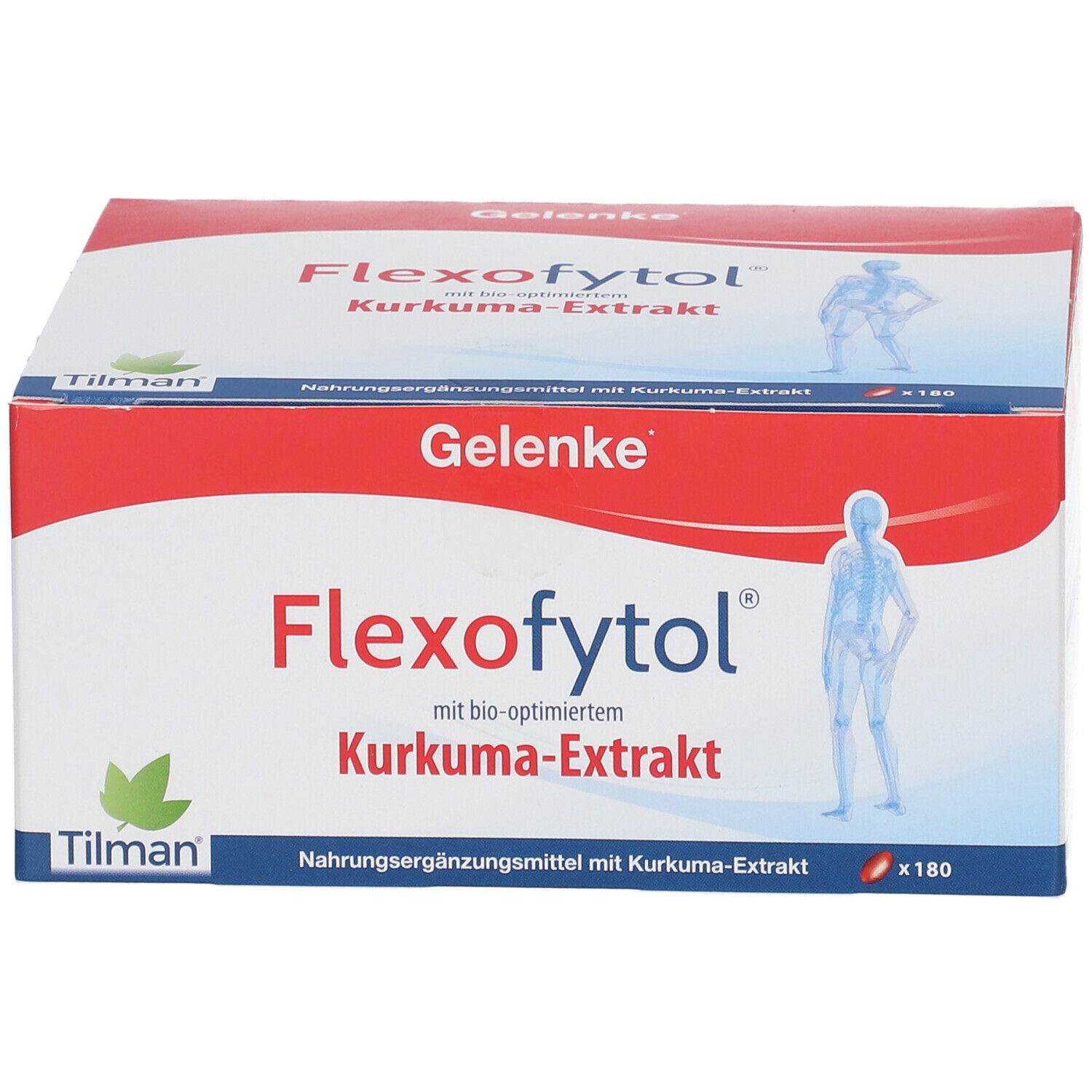 Flexofytol-Verpackung mit roter und weißer Gestaltung. Enthält Kapseln mit Kurkuma-Extrakt. Marke: Flexofytol, Tilman.