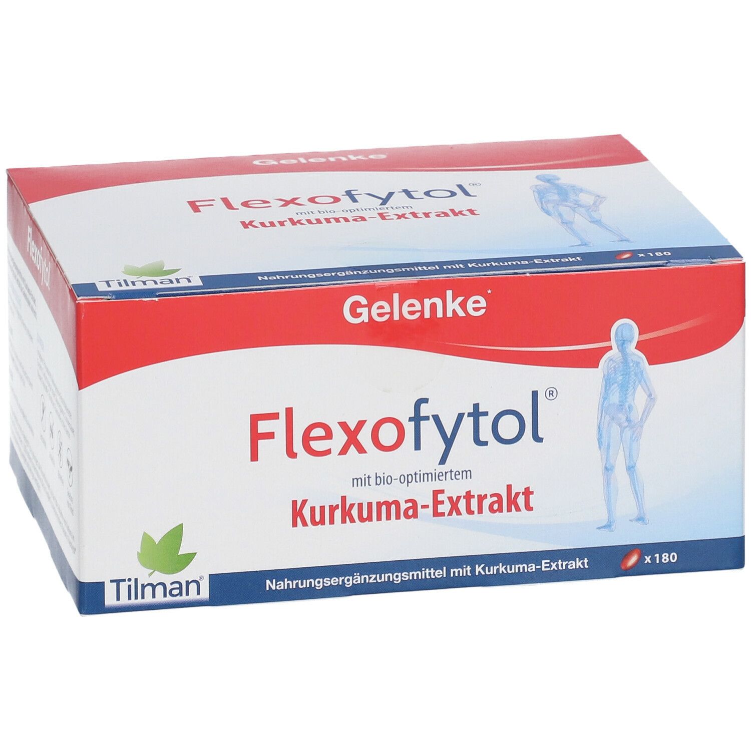 Flexofytol-Verpackung mit roter und weißer Gestaltung. Enthält Kapseln mit Kurkuma-Extrakt. Marke: Flexofytol, Tilman.