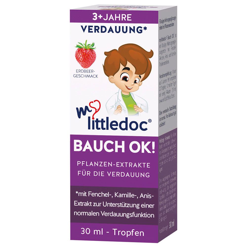 Karton mit mylittledoc® BAUCH OK! Tropfen. Erdbeer-Geschmack, 3+ Jahre. Abbildung eines Kindes und einer Erdbeere.