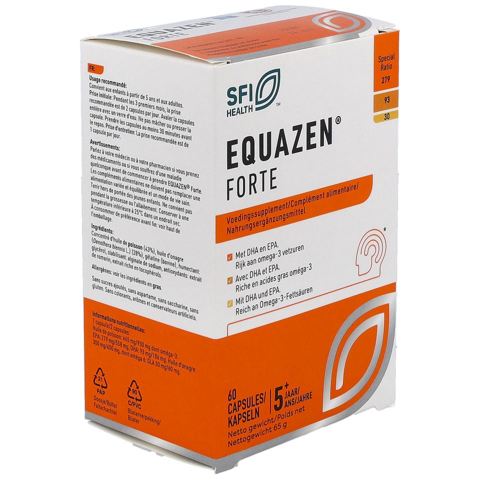 EQUAZEN® FORTE-Verpackung. 60 Kapseln. Enthält DHA und EPA. Nahrungsergänzungsmittel.