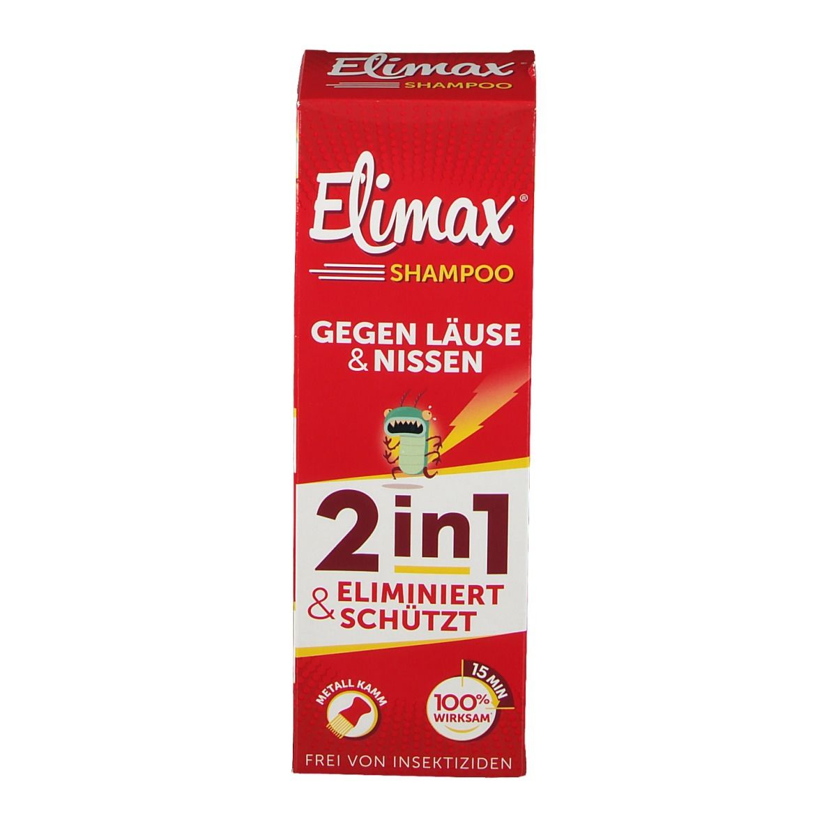 Elimax Shampoo-Packung. Rote Schachtel mit Produktinformationen. Gegen Läuse und Nissen.