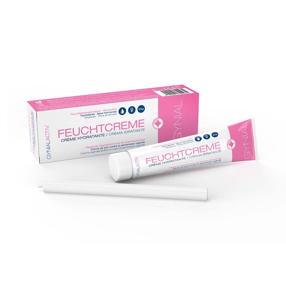 GynialActiv Feuchtcreme-Packung mit Tube und Applikator. Rosa-weiße Schachtel und Tube mit Produktnamen. Weißer Applikator.