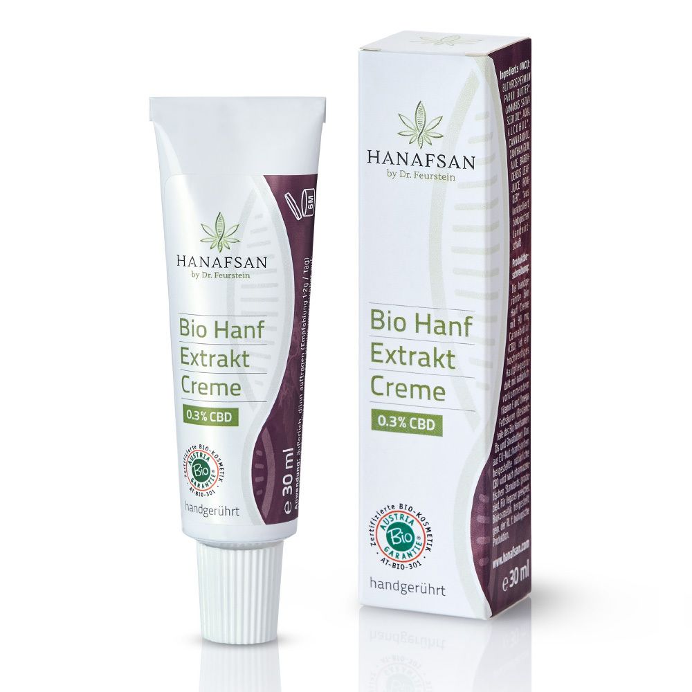 Creme-Tube und Verpackung. Aufschrift: Bio Hanf Extrakt Creme 0,3% CBD. Marke: HANAFSAN.