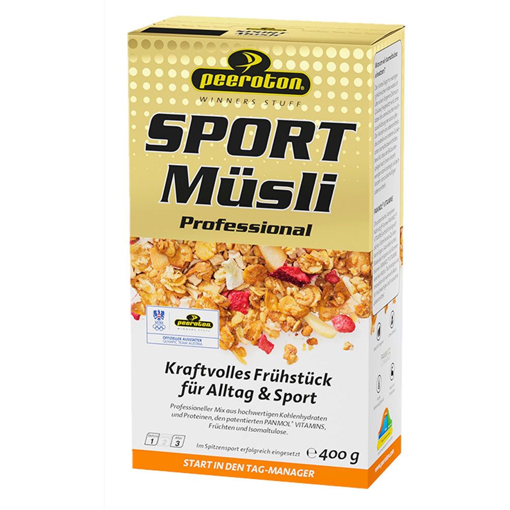 Verpackung von peeroton® SPORT Müsli. Goldfarbener Karton mit Produktnamen und Müsli-Abbildung. Enthält 400g.