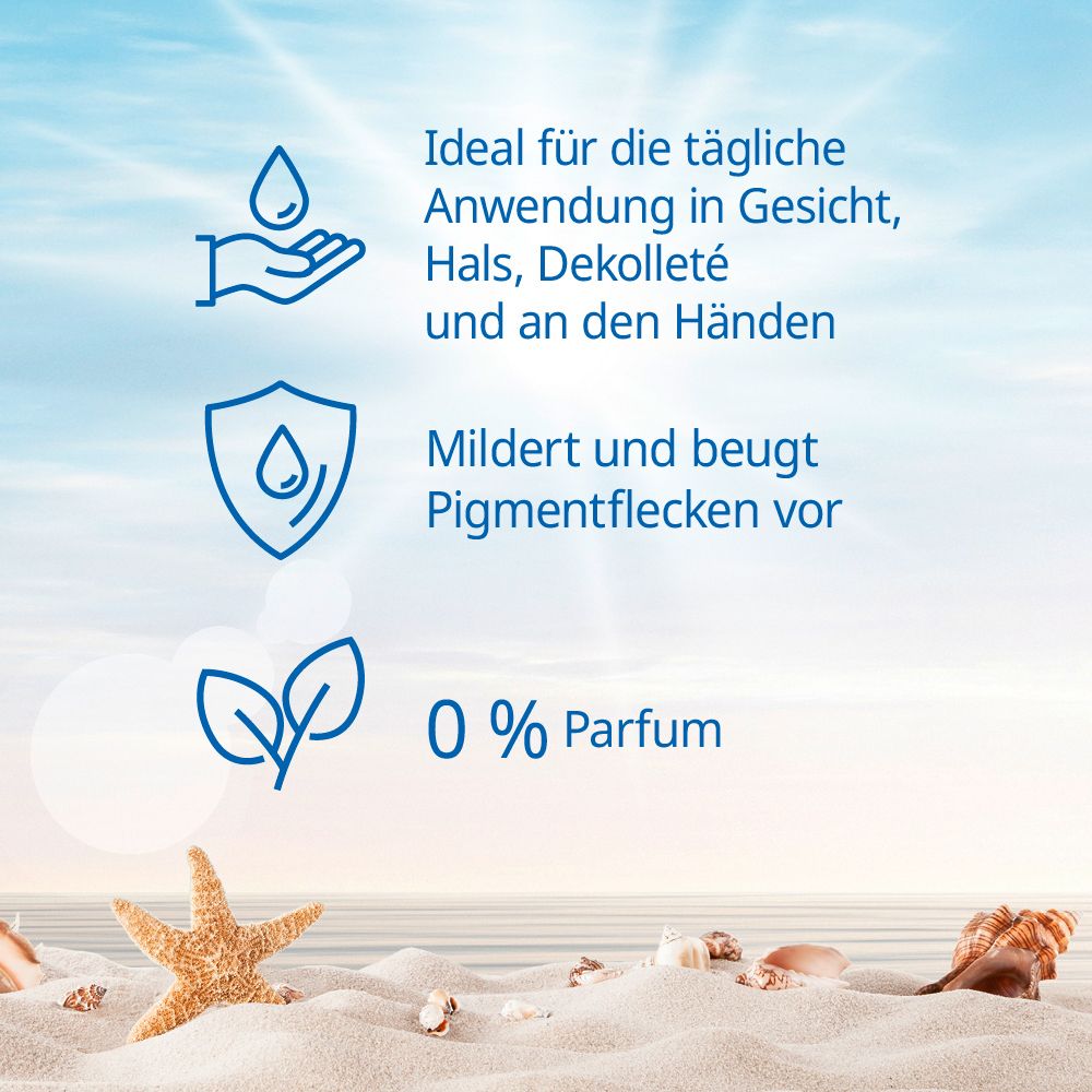 Grafik mit Symbolen: Anwendung für Gesicht, Hals, Dekolleté, Hände. Mildert Pigmentflecken. 0% Parfum. Strandhintergrund.