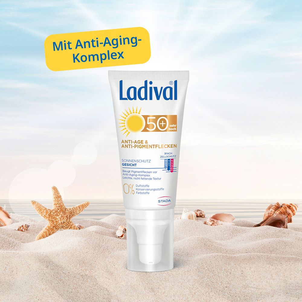 Ladival Sonnenschutz Gesicht LSF 50+ Tube. Anti-Age & Anti-Pigmentflecken. Mit Anti-Aging-Komplex. Strandhintergrund.