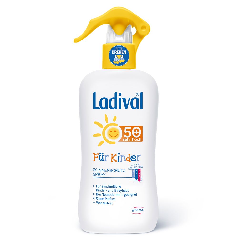 Weißes Ladival® Sonnenschutz Spray für Kinder LSF 50+ mit gelbem Sprühkopf. Aufschrift: Für Kinder, Sonnenschutz Spray.