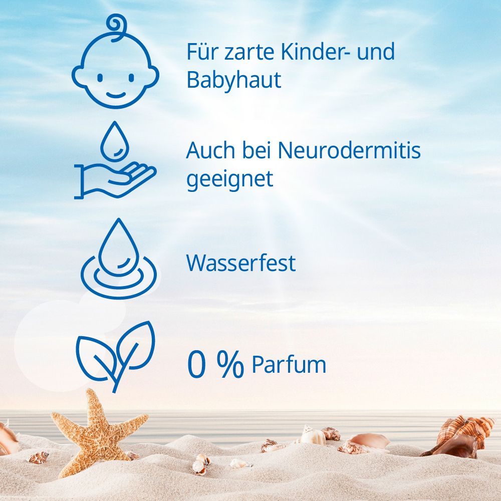 Grafik mit Symbolen: Für zarte Kinderhaut, auch bei Neurodermitis, wasserfest, 0% Parfum. Strandhintergrund.