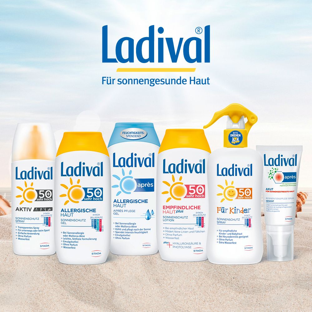 Ladival® Produktreihe: Sonnenschutz Spray, Gel, Lotion, Creme und Après Pflege. Für sonnengesunde Haut. Strandhintergrund.