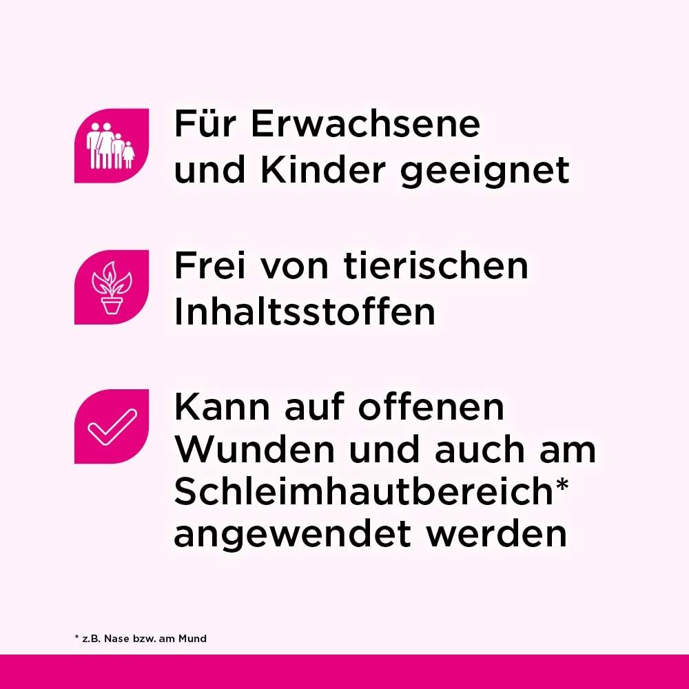 Infografik mit drei Icons. Geeignet für Erwachsene und Kinder, frei von tierischen Inhaltsstoffen, anwendbar auf offenen Wunden und Schleimhaut.