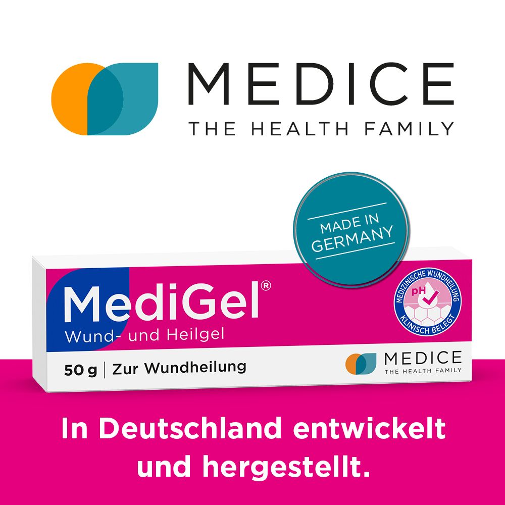 MediGel® Wund- und Heilgel in einer weißen und pinken Faltschachtel. Aufdruck: 50 g, MEDICE, Made in Germany.
