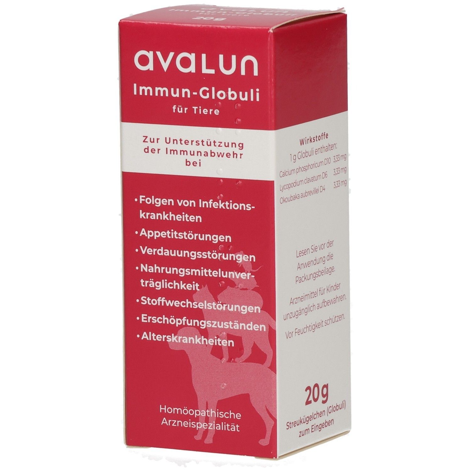 Avalun Immun-Globuli für Tiere: Rote Faltschachtel mit Produktinformationen und Tierabbildungen.