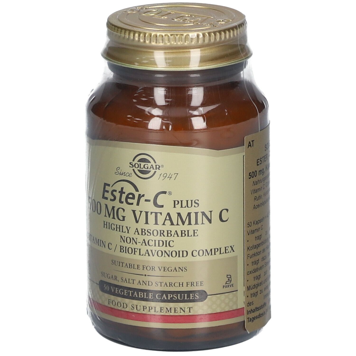 Braune Glasflasche mit goldfarbenem Deckel. Etikett mit Produktnamen: Ester-C Plus 500 mg Vitamin C. 50 Kapseln.