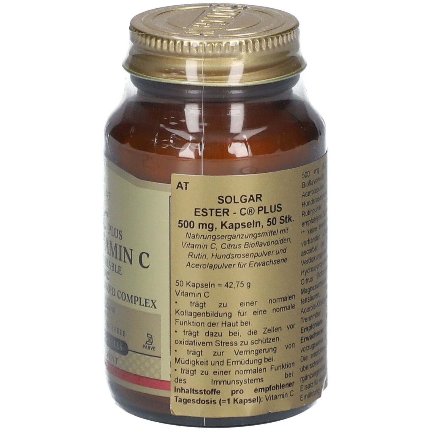 Rückseite einer braunen Glasflasche. Etikett mit Produktinformationen und Inhaltsstoffen. 50 Kapseln. Vitamin C.