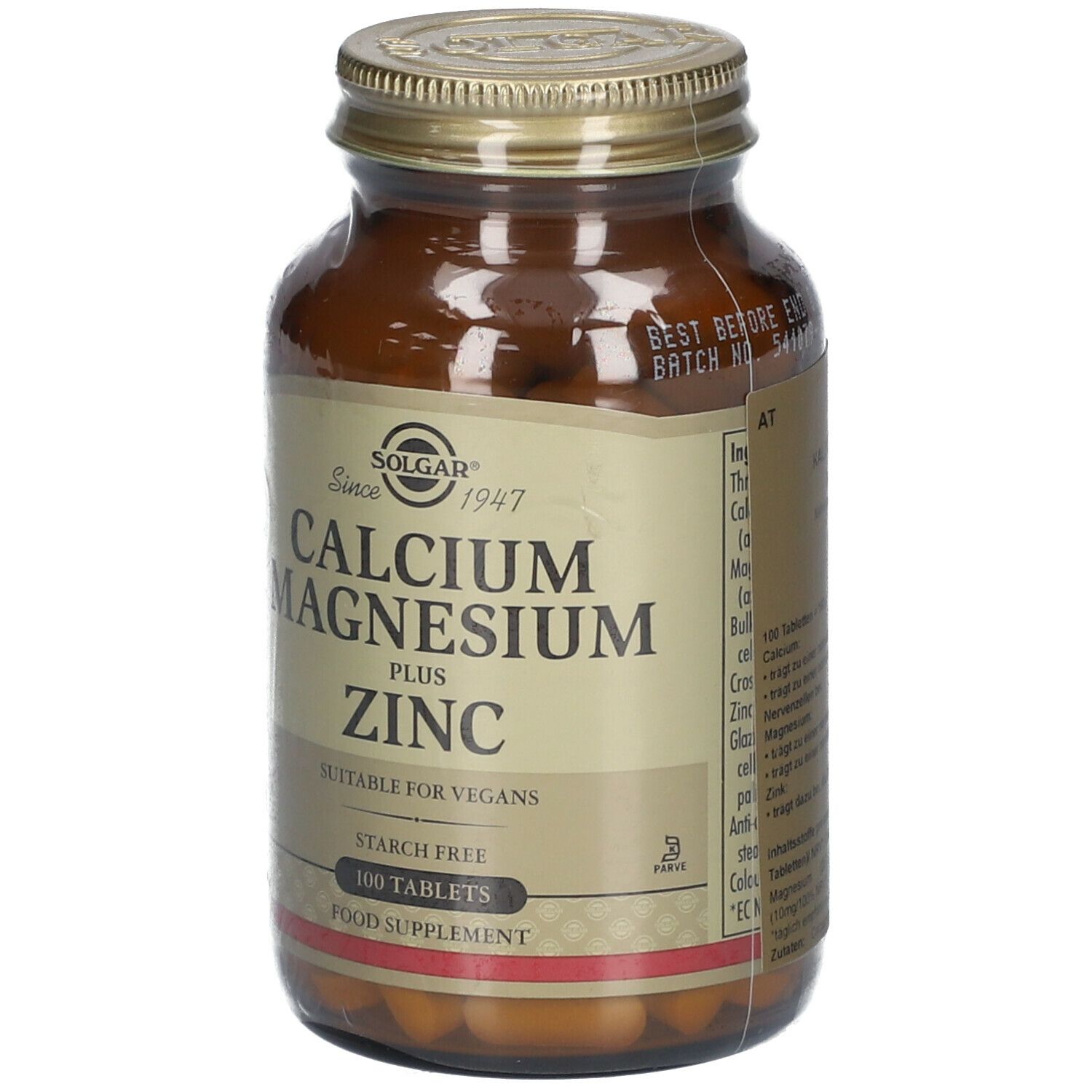 Braune Glasflasche mit goldfarbenem Deckel. Aufschrift: Calcium Magnesium Plus Zink. Geeignet für Veganer. 100 Tabletten.
