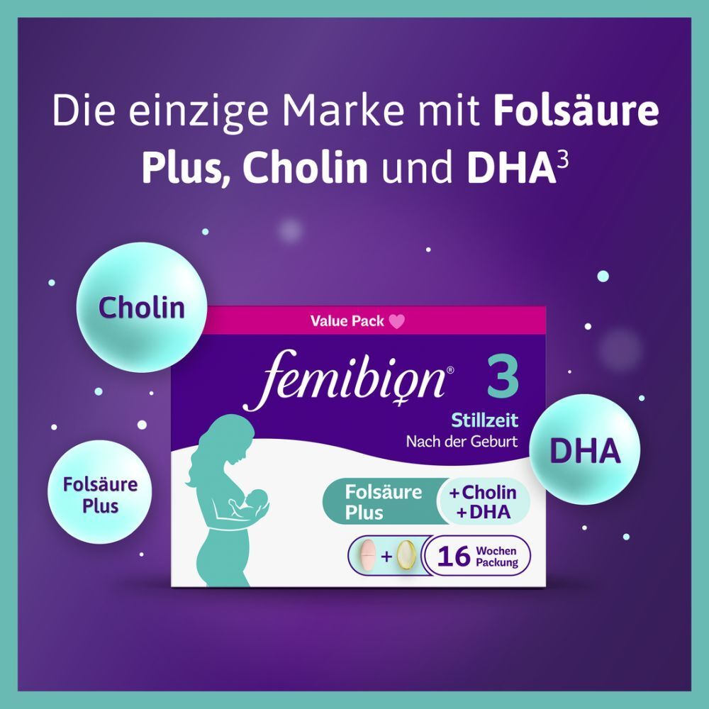 Femibion® 3 Stillzeit Nahrungsergänzung, Cholin, DHA, Folsäure Plus⁶