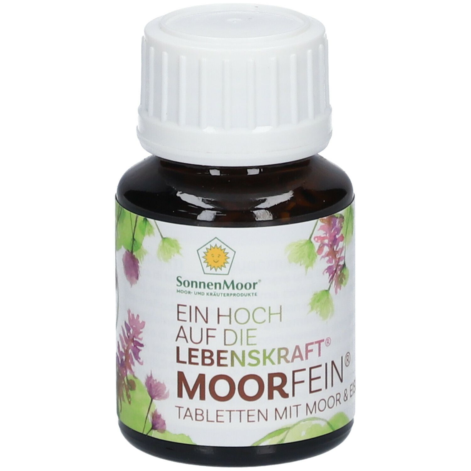 Braune Glasflasche mit weißem Deckel. Auf dem Etikett: SonnenMoor, MoorFein Tabletten. Grün-lila floraler Hintergrund.